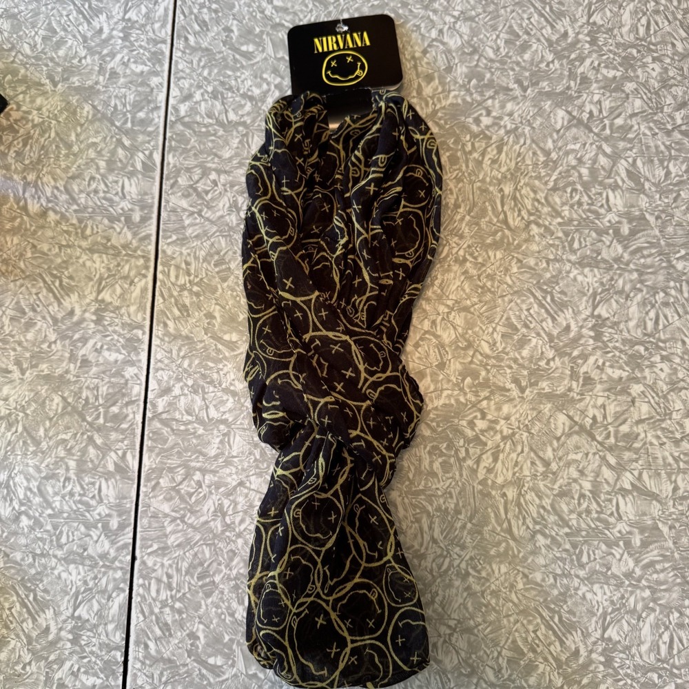 Nirvana Black with Yellow Smiley Face Logo Print Viscose Sheer Scarf NOS 2015